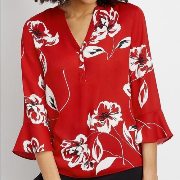 Maurices Tops - 3/$30 | Maurices | V-Neck Blouse w/ 3/4 Bell Sleeves - L, Red/White/Black Floral